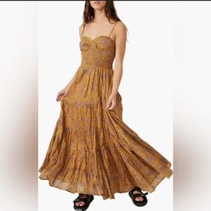 RARE Free People Sundrenched Printed Olive Maxi Dress